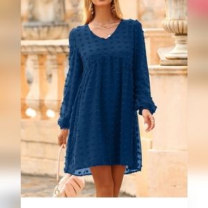 Fall Long Sleeve Mini Dress V Neck Flowy Casual Swiss Dot Loose Babydoll Blue